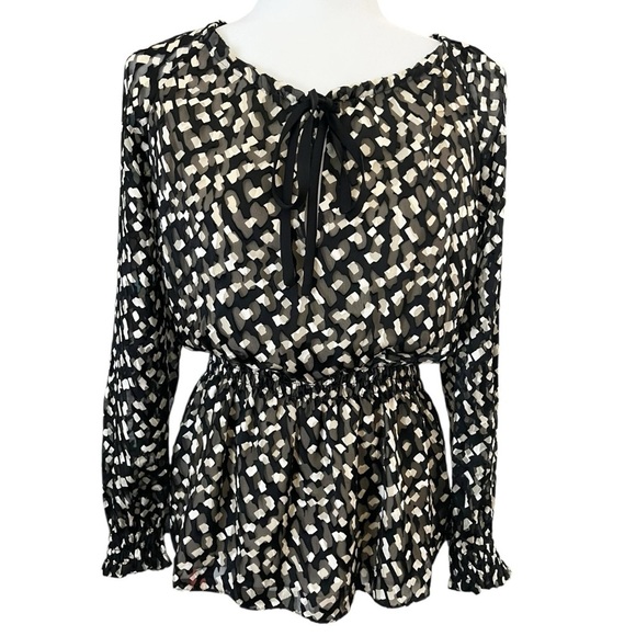 THEORY Size Small Silk Blend Black Cream Burnout Print Long Sleeve Boho Top - Picture 12 of 15